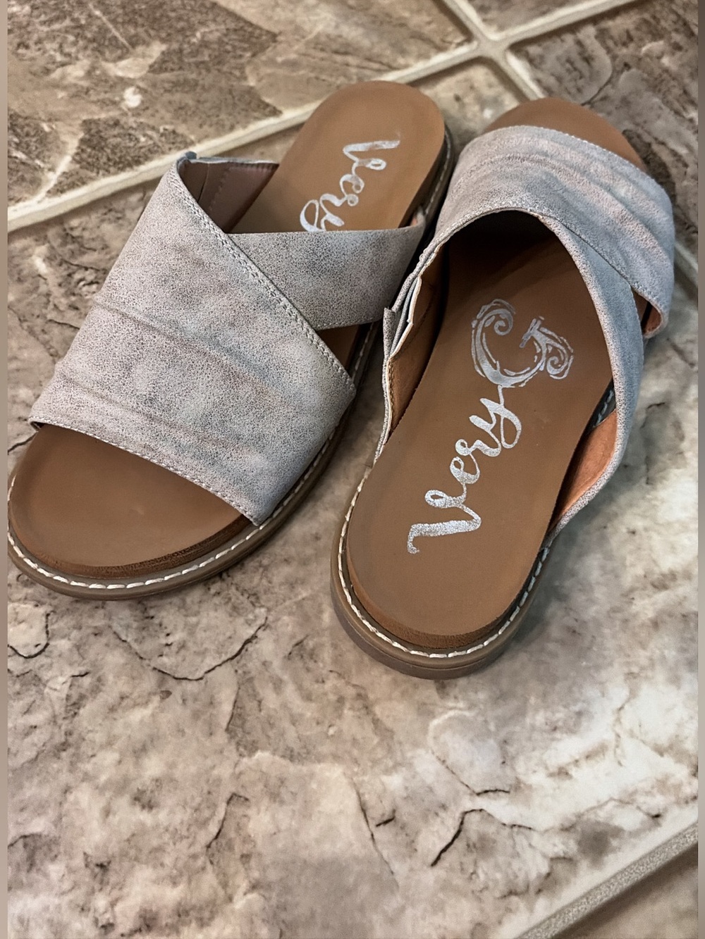 Very G Taupe Crisscross Slide Sandals